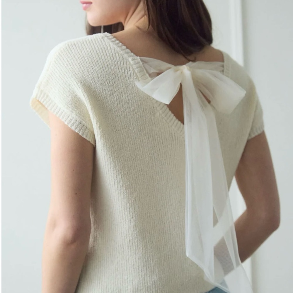 BACK SHEER TIE SHORT SLEEVE KNIT SWEATER - Picture 4 of 5